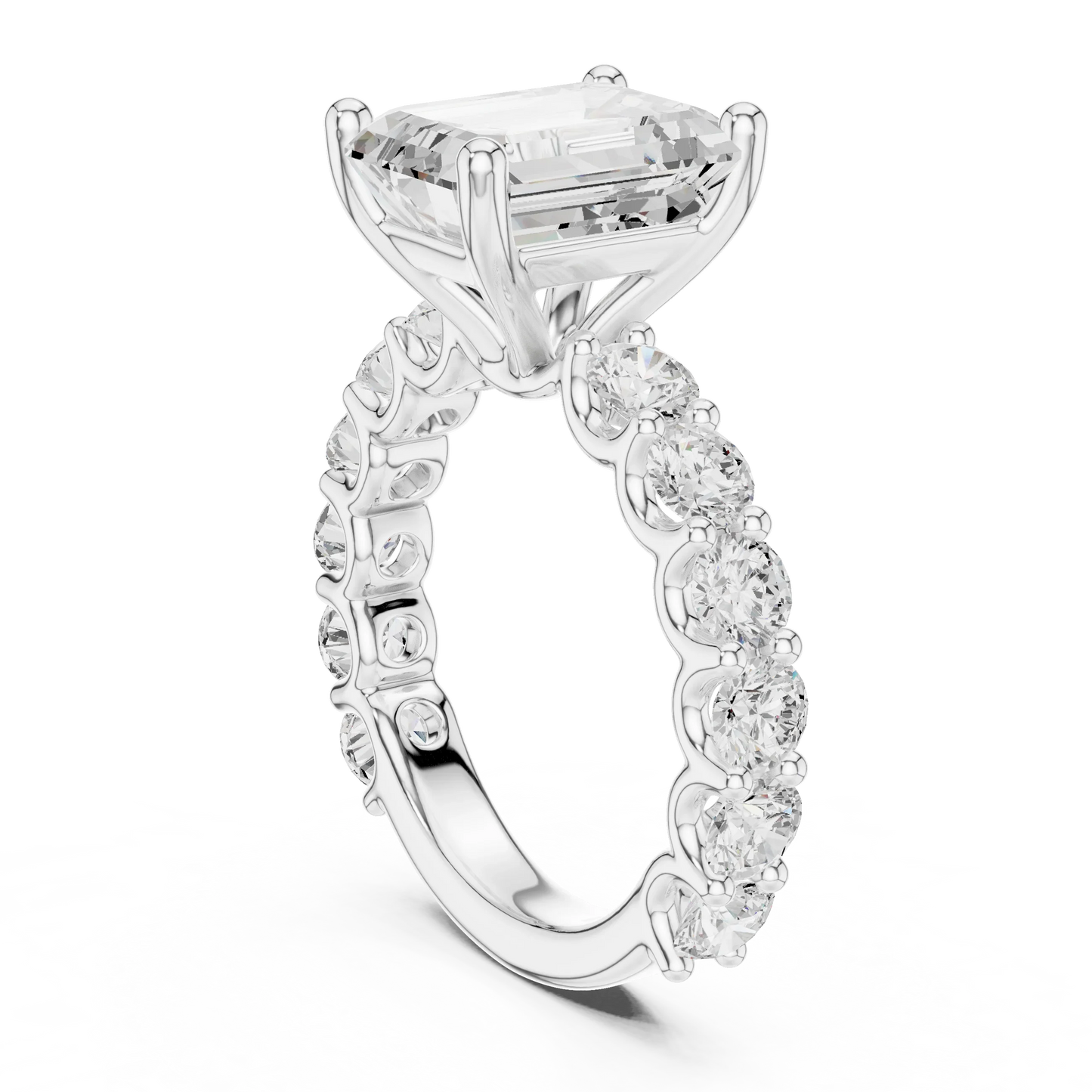 Back side view of white gold emerald cut solitaire ring showing shared prong large stone band and setting details