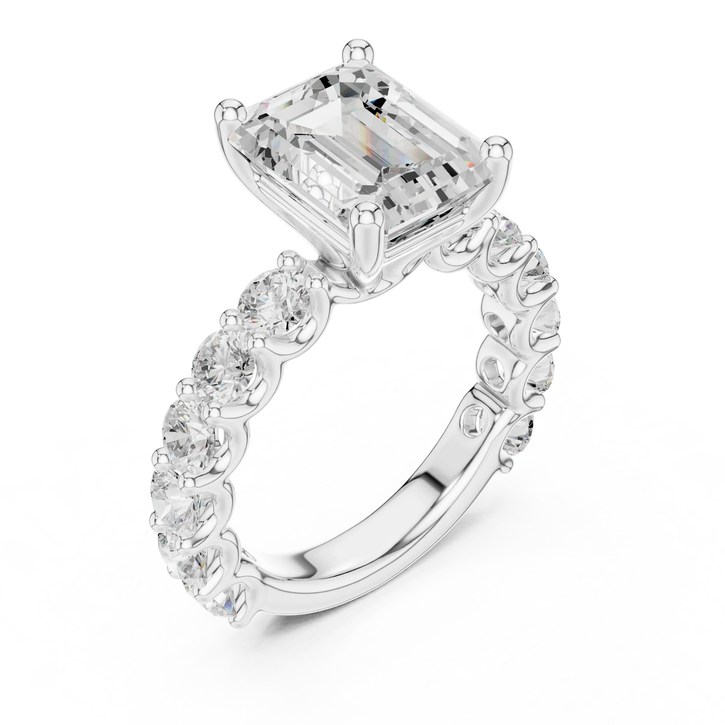 Front view of white gold emerald cut solitaire ring with shared prong large stone band and center stone