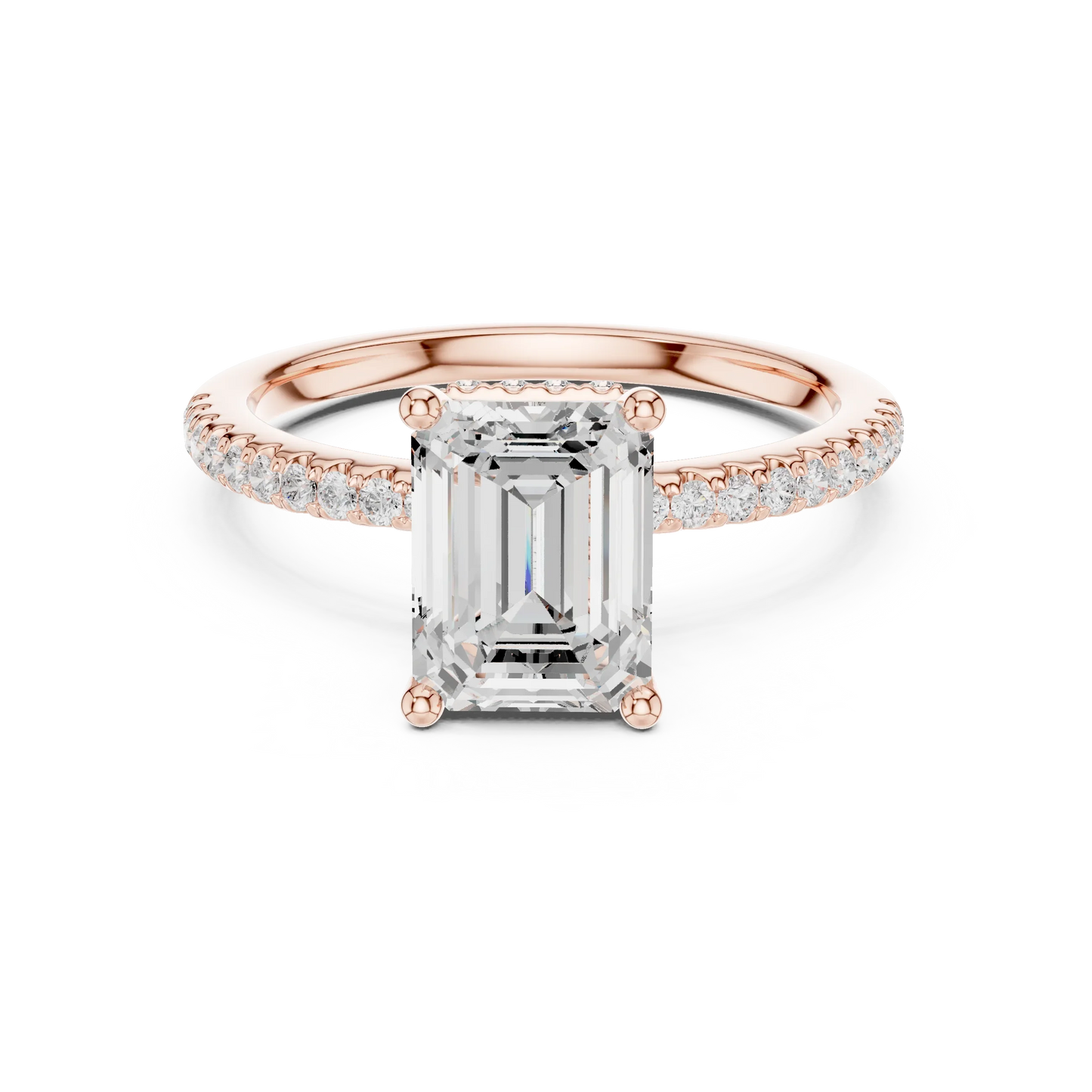 Rose gold emerald cut solitaire ring with thin pave band and lab-grown diamond, modern elegant look