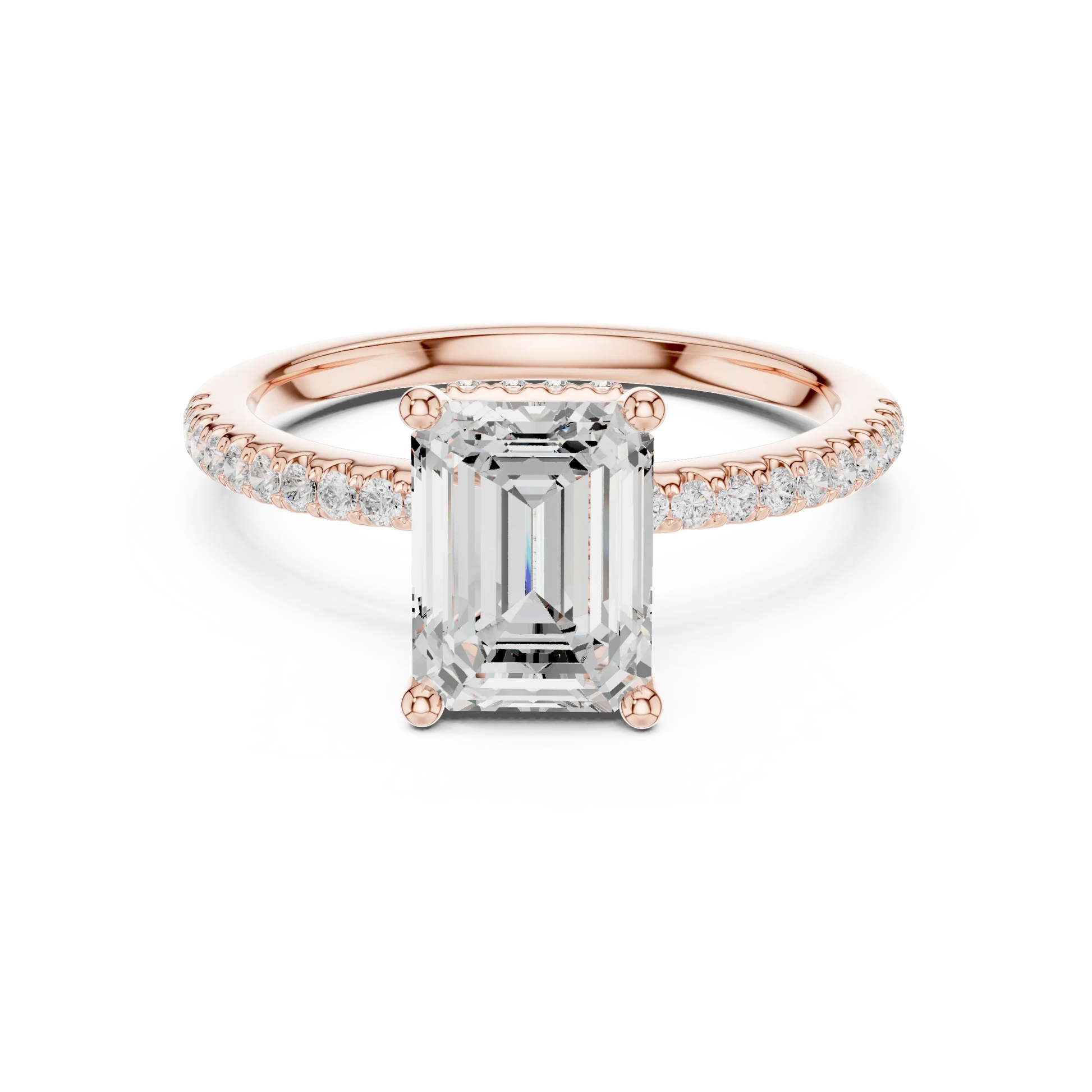 Rose gold emerald cut solitaire ring with thin pave band and lab-grown diamond, modern elegant look