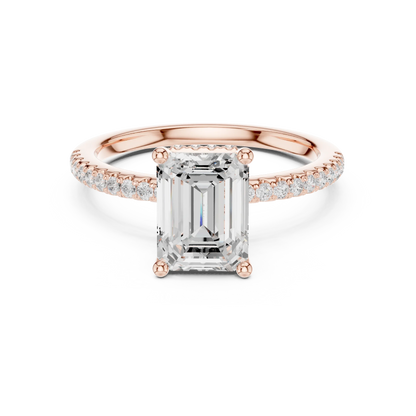 Rose gold emerald cut solitaire ring with thin pave band and lab-grown diamond, modern elegant look