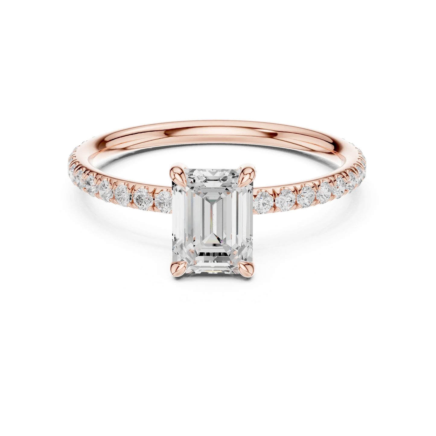 Lab-grown emerald cut solitaire ring in rose gold with thin pavé diamond band