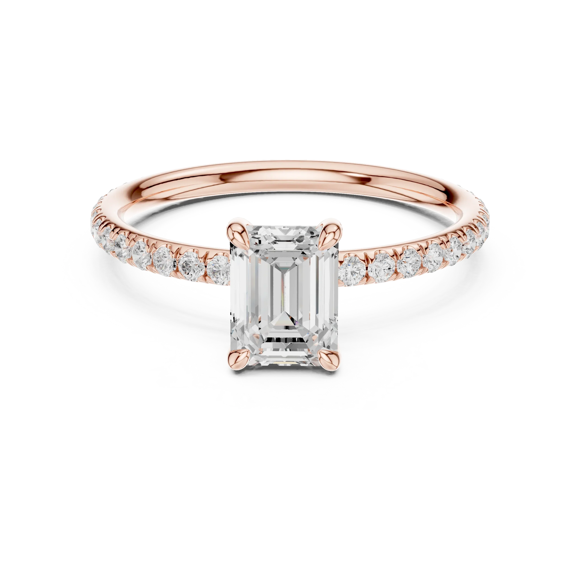 Lab-grown emerald cut solitaire ring in rose gold with thin pavé diamond band