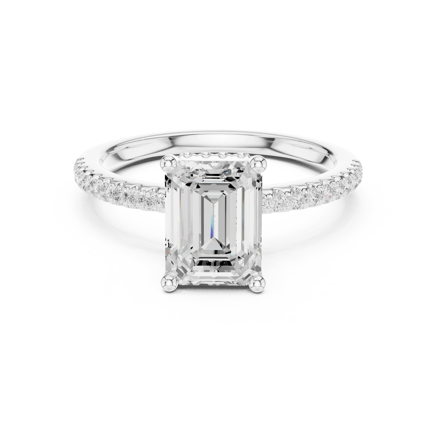 White gold emerald cut solitaire ring with thin pave band and lab-grown diamond, sleek elegant design