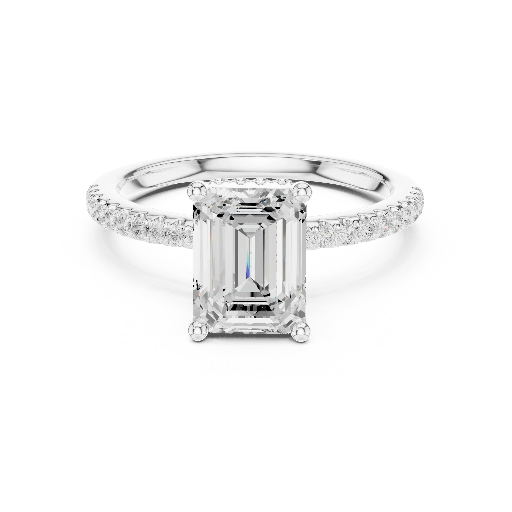 White gold emerald cut solitaire ring with thin pave band and lab-grown diamond, sleek elegant design