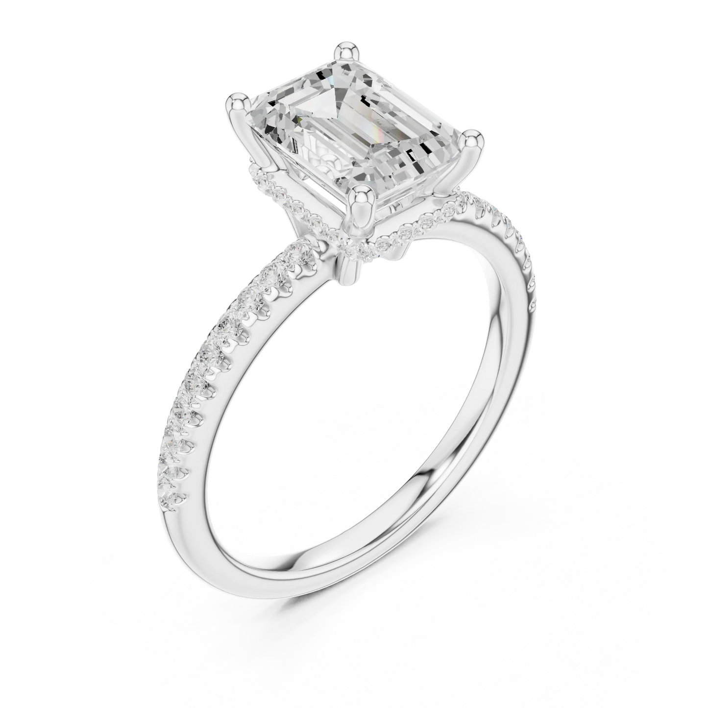 Front view of white gold emerald cut solitaire ring with thin pave band and lab-created diamond