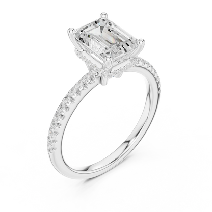 Front view of white gold emerald cut solitaire ring with thin pave band and lab-created diamond