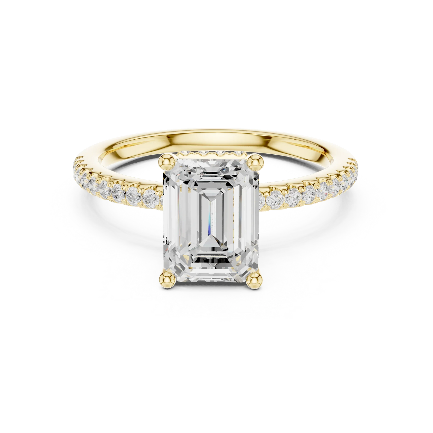 Yellow gold emerald cut solitaire ring with thin pave band and lab-grown diamond, classic elegant style