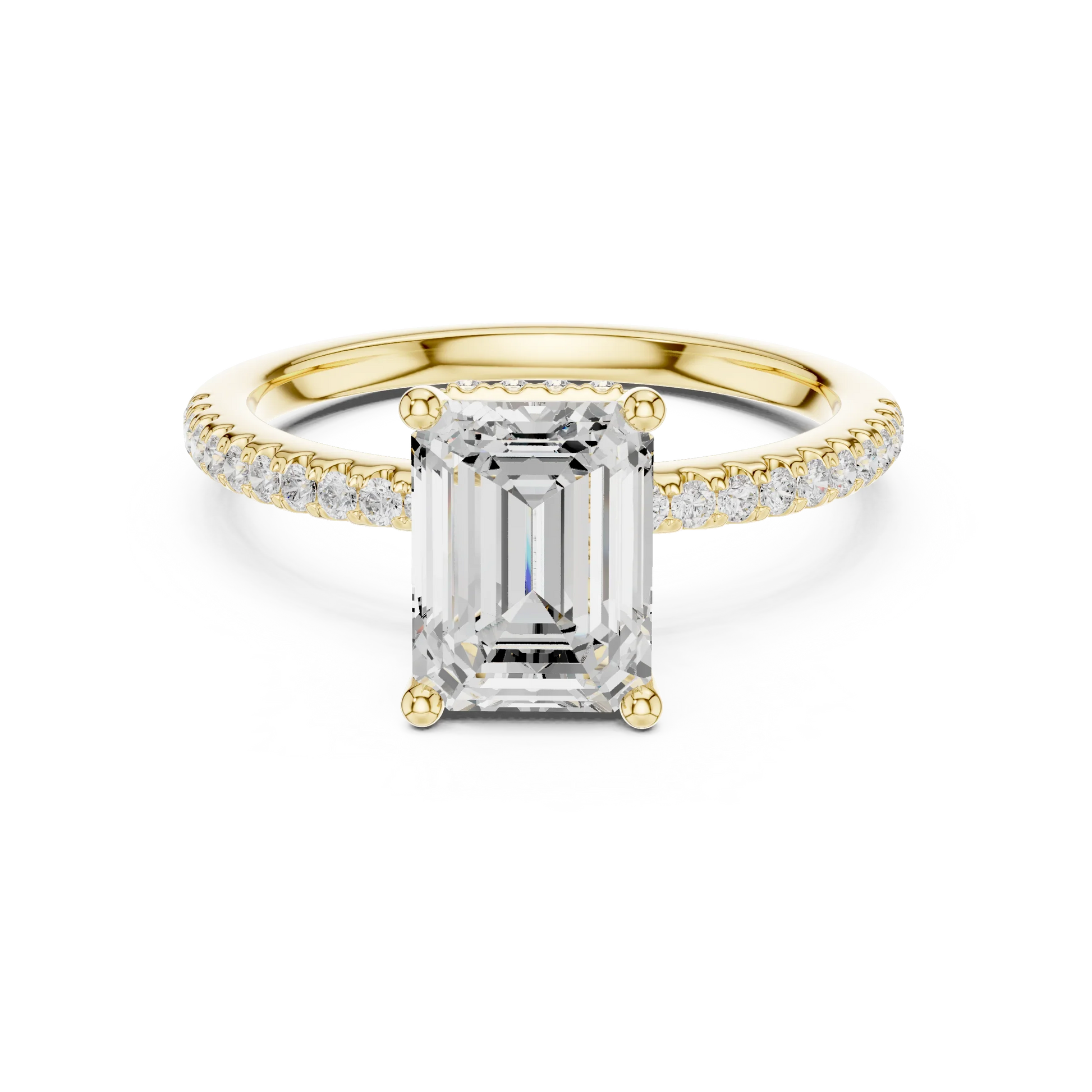 Yellow gold emerald cut solitaire ring with thin pave band and lab-grown diamond, classic elegant style
