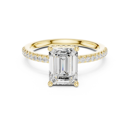 Yellow gold emerald cut solitaire ring with thin pave band and lab-grown diamond, classic elegant style