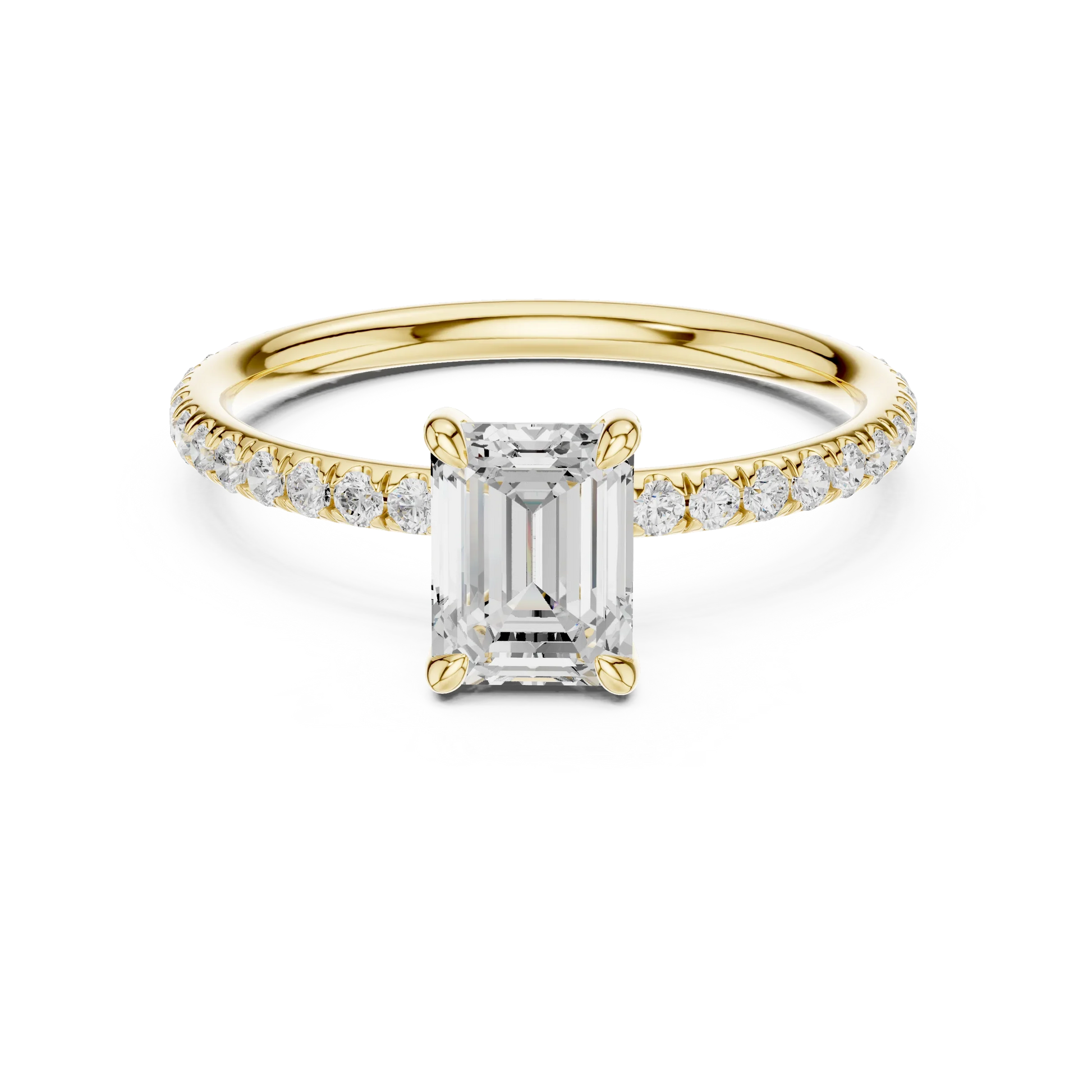 Lab-grown emerald cut solitaire ring in yellow gold with thin pavé diamond band