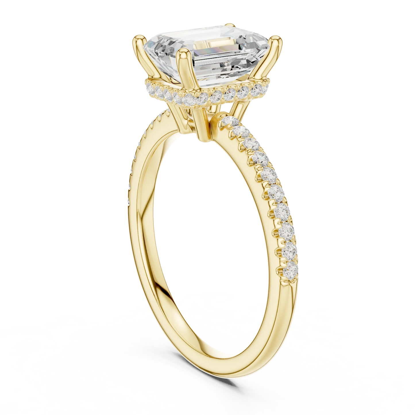 Back side view of yellow gold emerald cut solitaire ring showing thin pave band and mounting details