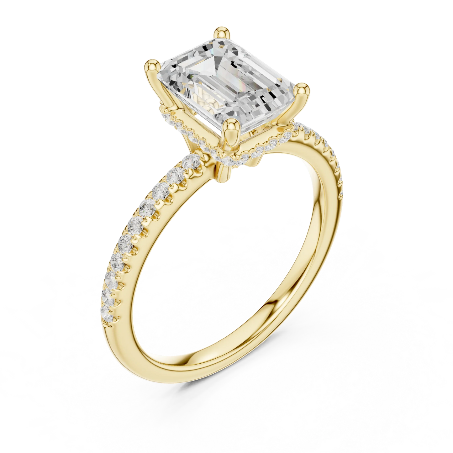 Front view of yellow gold emerald cut solitaire ring with thin pave band and lab-created diamond