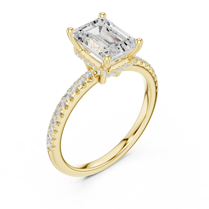 Front view of yellow gold emerald cut solitaire ring with thin pave band and lab-created diamond