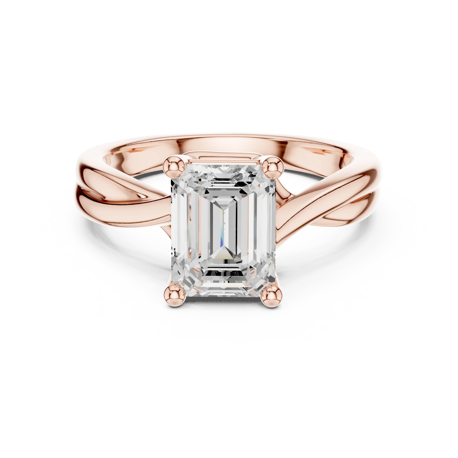 Lab-grown emerald cut solitaire ring in rose gold with twisted band design