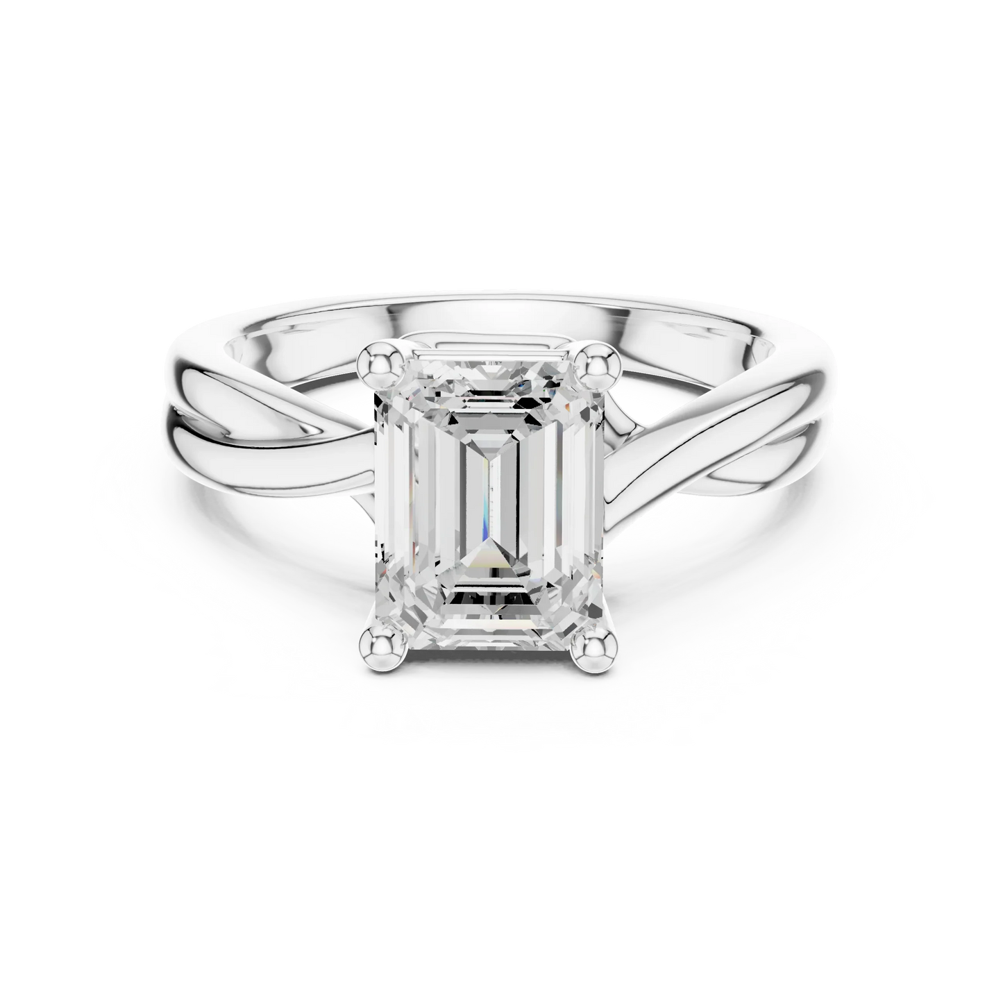 Lab-grown emerald cut solitaire ring in white gold with twisted band design