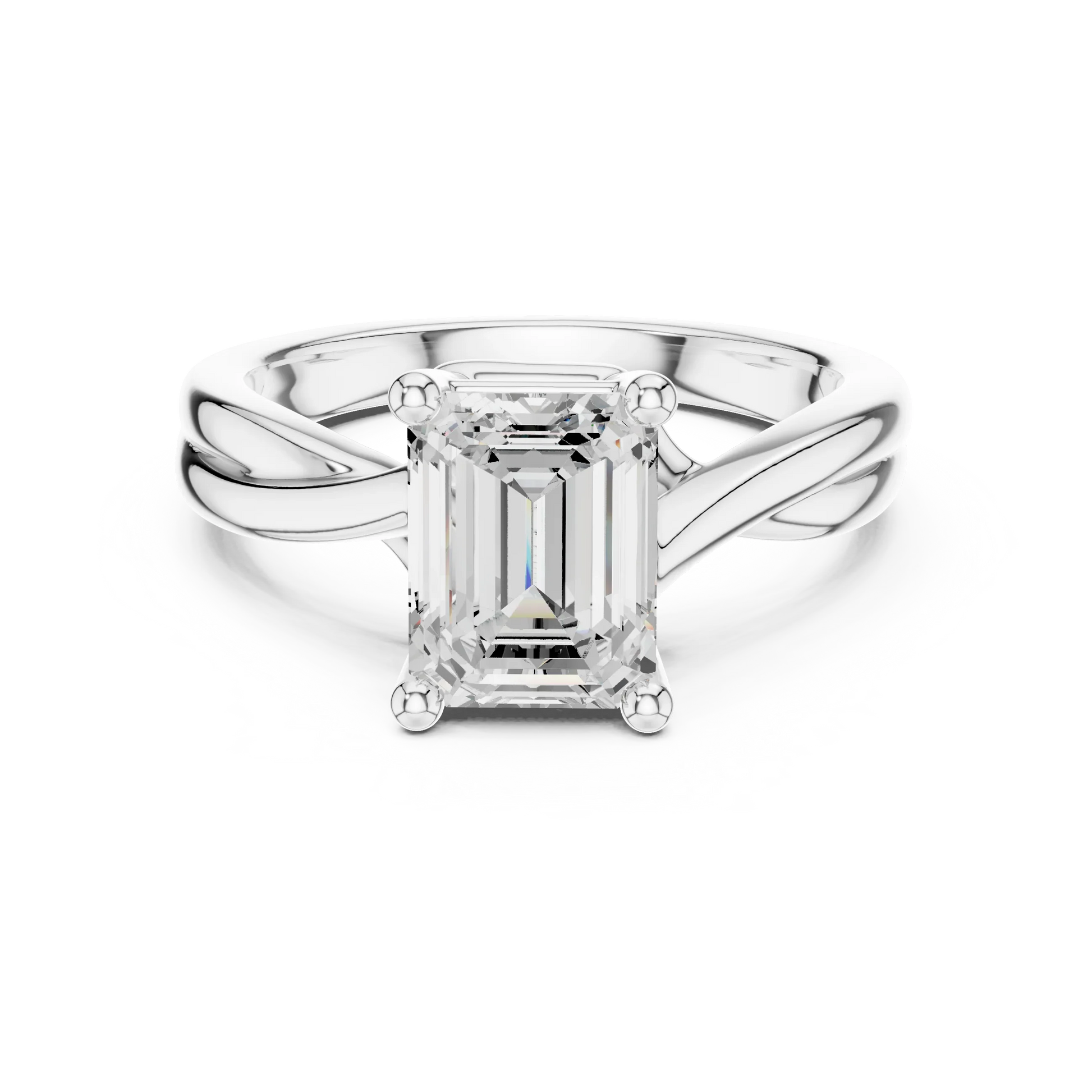 Lab-grown emerald cut solitaire ring in white gold with twisted band design