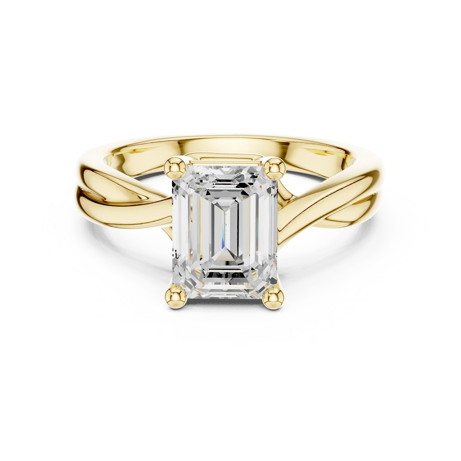 Lab-grown emerald cut solitaire ring in yellow gold with twisted band design