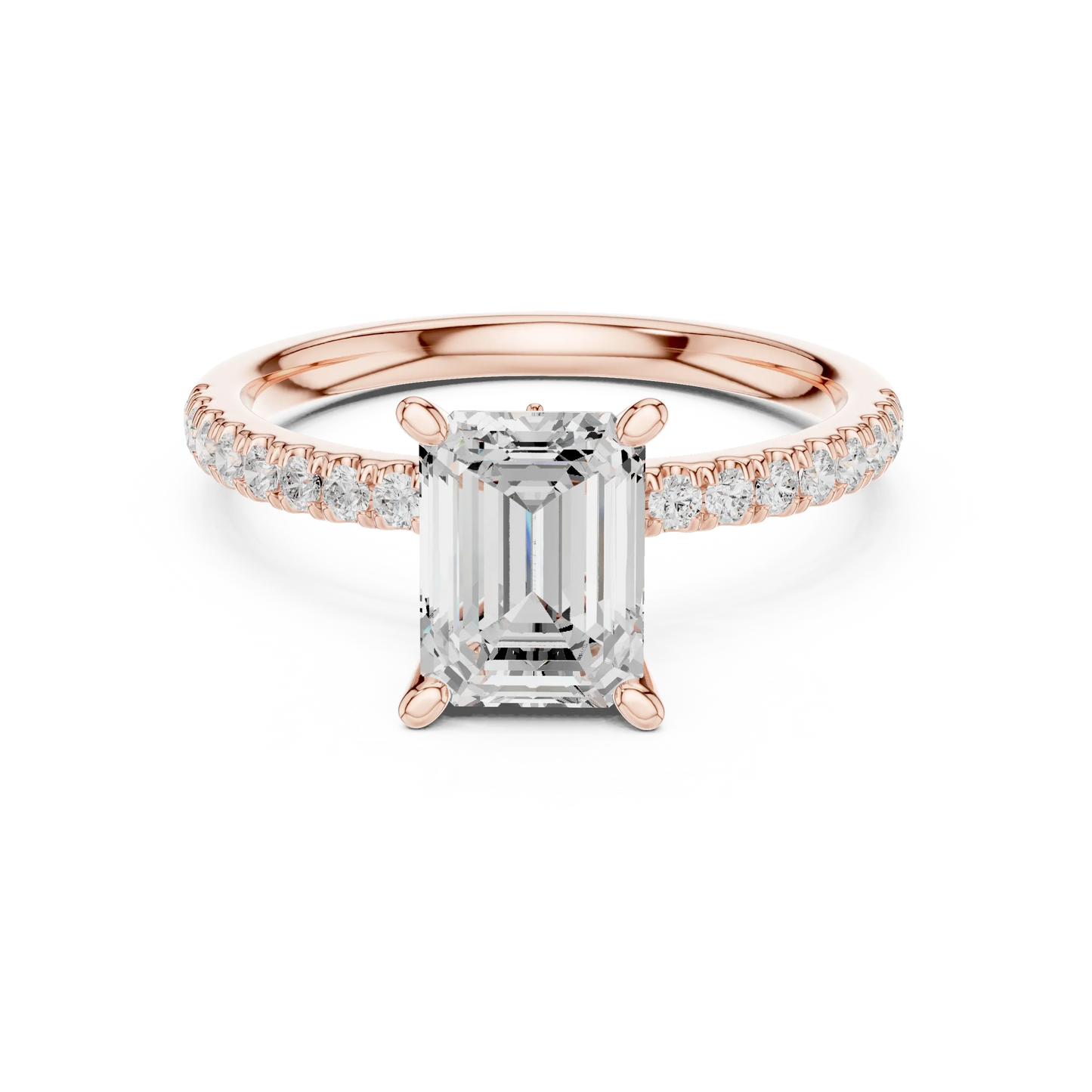 Emerald solitaire ring in rose gold with pave diamond band and lab-grown diamond – Australia