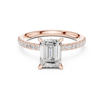 Emerald solitaire ring in rose gold with pave diamond band and lab-grown diamond – Australia