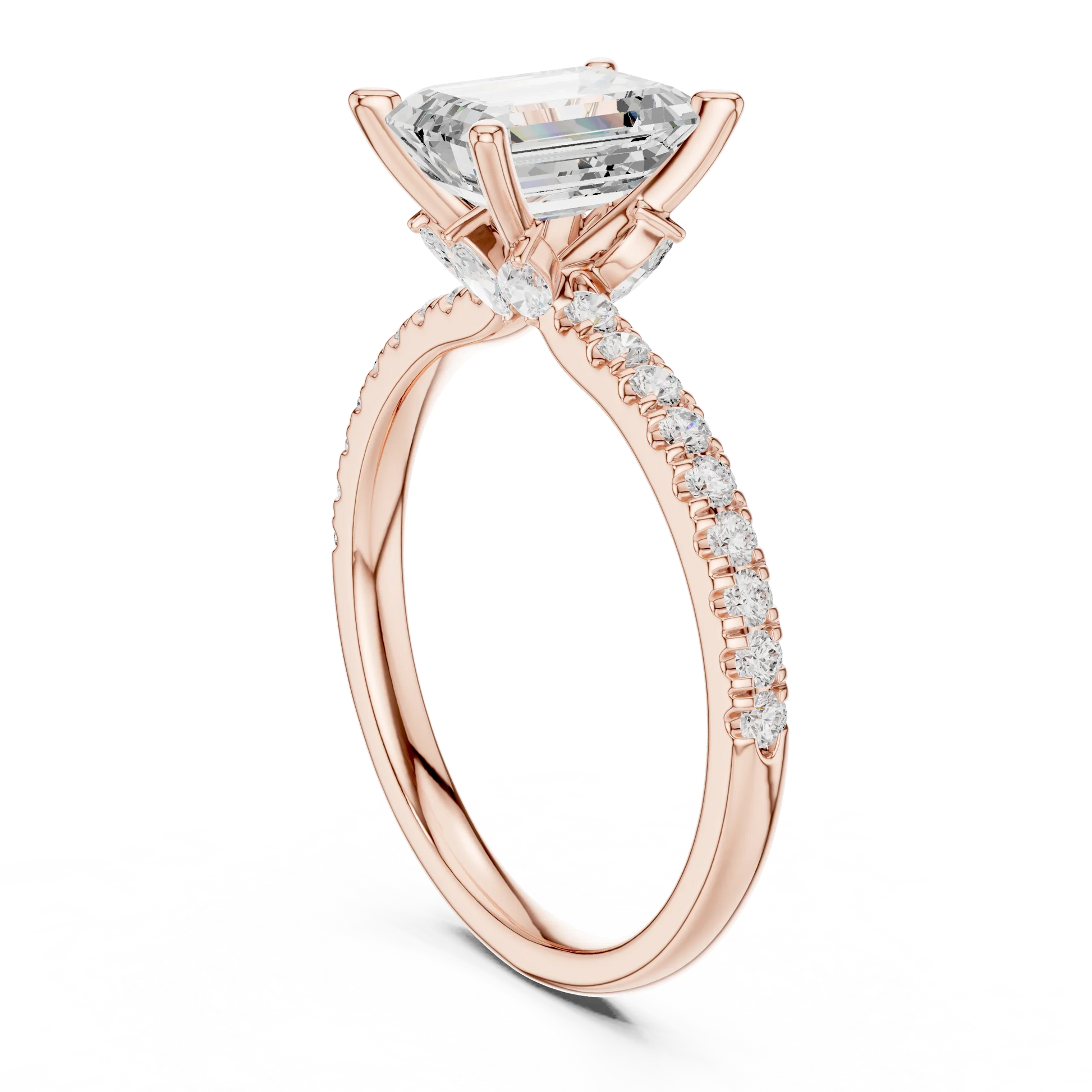 Back side view of rose gold emerald solitaire ring with pave diamond band and lab-grown diamond – Australia