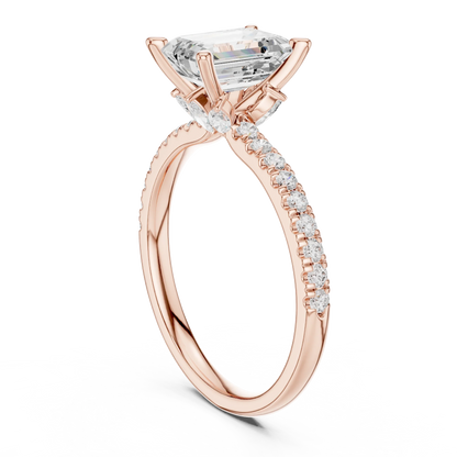 Back side view of rose gold emerald solitaire ring with pave diamond band and lab-grown diamond – Australia