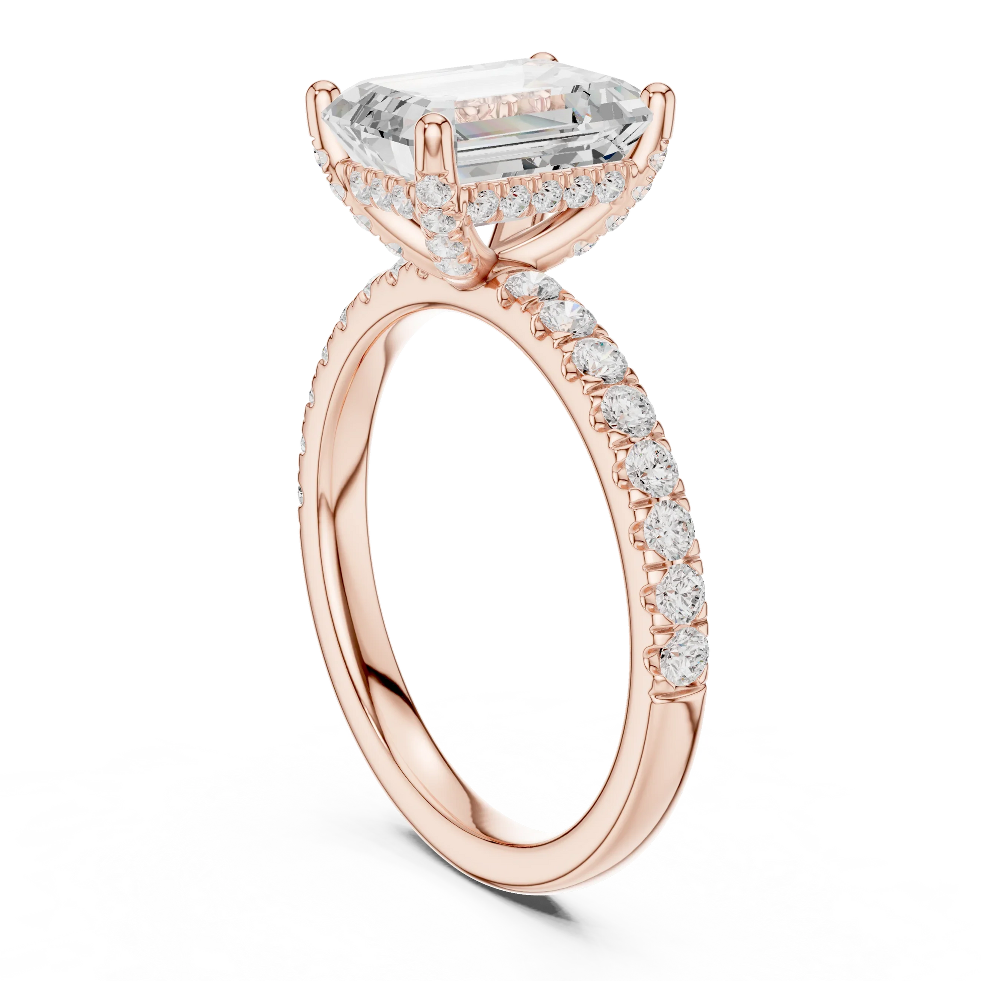 Back view of rose gold emerald solitaire ring with pave diamond band and lab-grown diamond – Australia