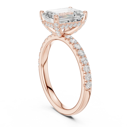 Back view of rose gold emerald solitaire ring with pave diamond band and lab-grown diamond – Australia