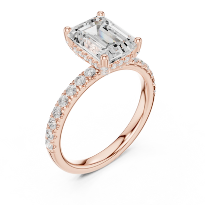 Front view of rose gold emerald solitaire ring with pave diamond band and lab-grown diamond – Australia
