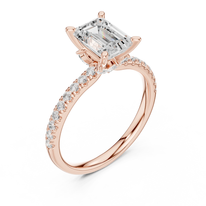 Front view of rose gold emerald solitaire ring with pave diamond band and lab-grown diamond – Australia