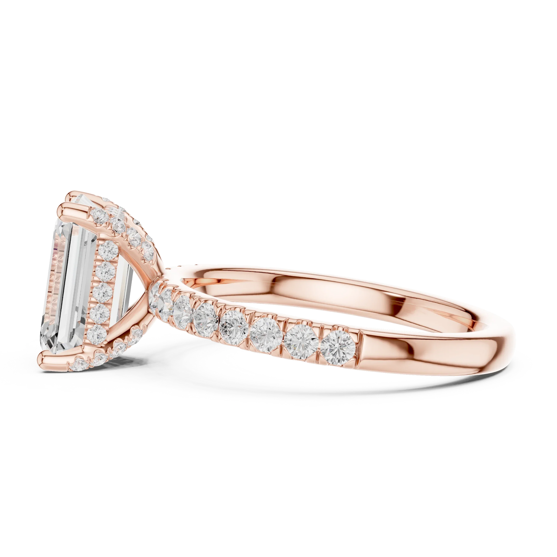 Side view of rose gold emerald solitaire ring with pave diamond band and lab-grown diamond – Australia