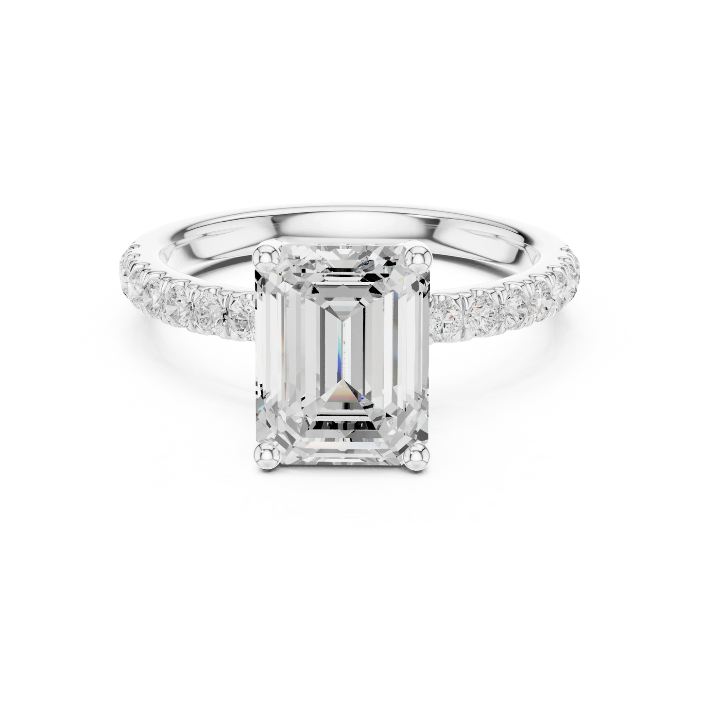 Emerald solitaire ring in white gold with pave diamond band and lab-grown diamond – Australia