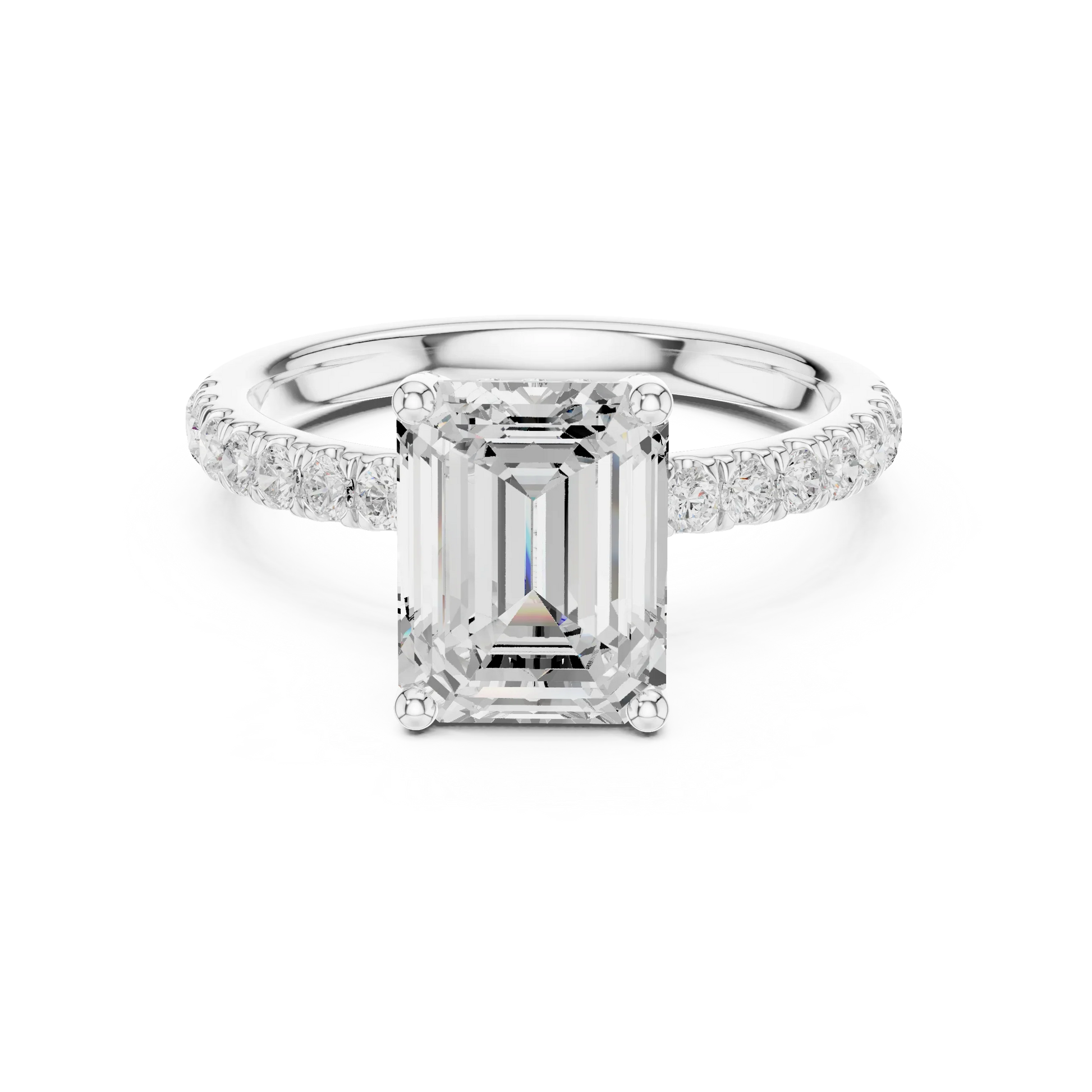 Emerald solitaire ring in white gold with pave diamond band and lab-grown diamond – Australia