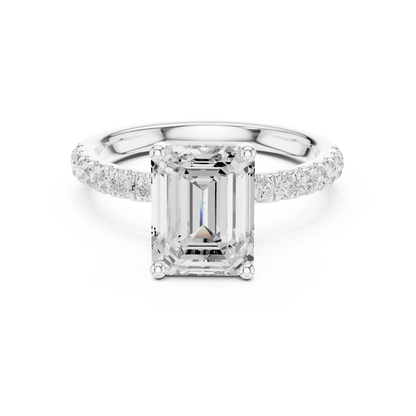 Emerald solitaire ring in white gold with pave diamond band and lab-grown diamond – Australia
