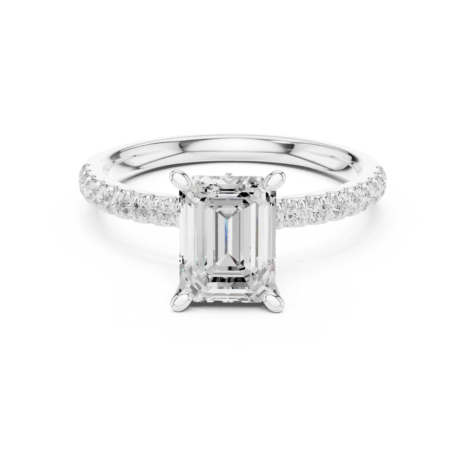 Emerald solitaire ring in white gold with pave diamond band and lab-grown diamond – Australia