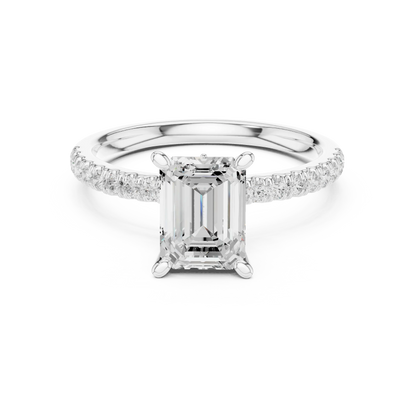 Emerald solitaire ring in white gold with pave diamond band and lab-grown diamond – Australia