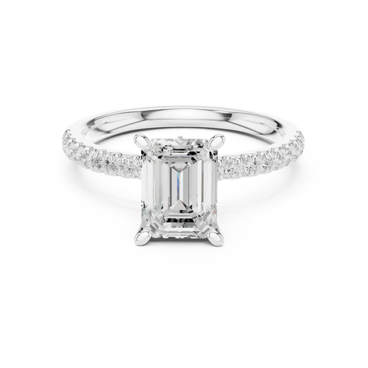 Emerald solitaire ring in white gold with pave diamond band and lab-grown diamond – Australia