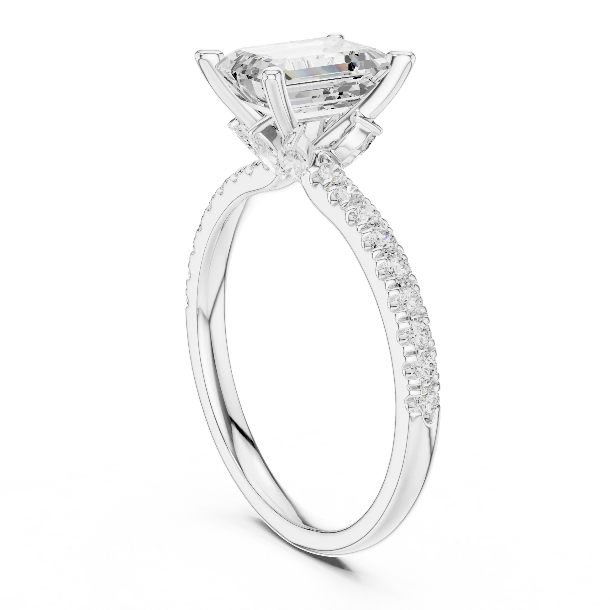 Back side view of white gold emerald solitaire ring with pave diamond band and lab-grown diamond – Australia
