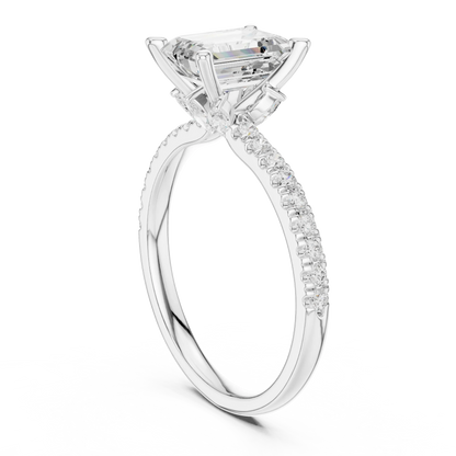 Back side view of white gold emerald solitaire ring with pave diamond band and lab-grown diamond – Australia