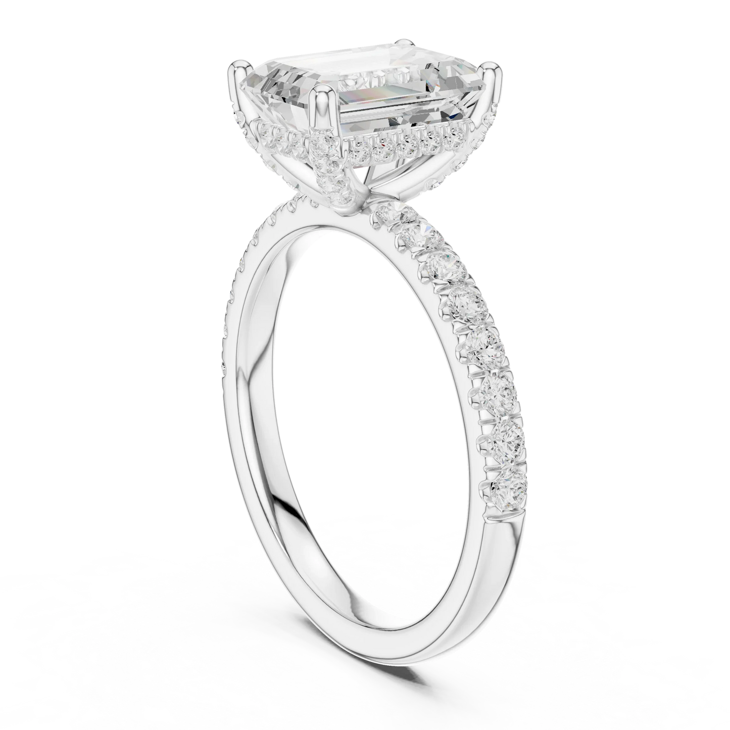 Back view of white gold emerald solitaire ring with pave diamond band and lab-grown diamond – Australia
