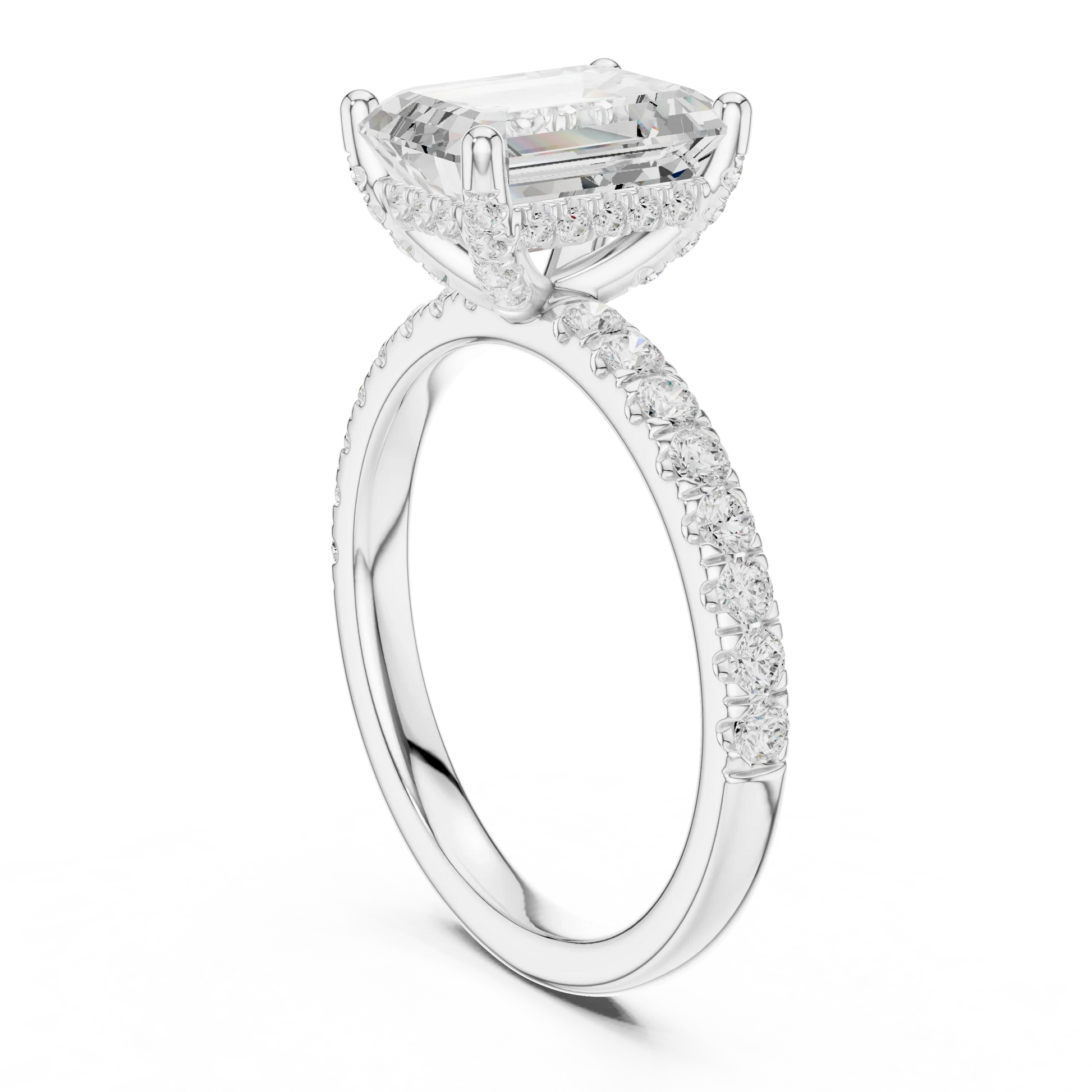 Back view of white gold emerald solitaire ring with pave diamond band and lab-grown diamond – Australia