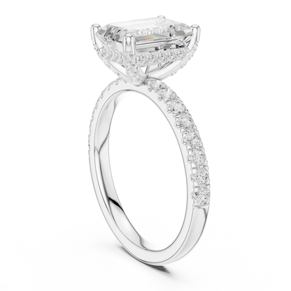 Back view of white gold emerald solitaire ring with pave diamond band and lab-grown diamond – Australia