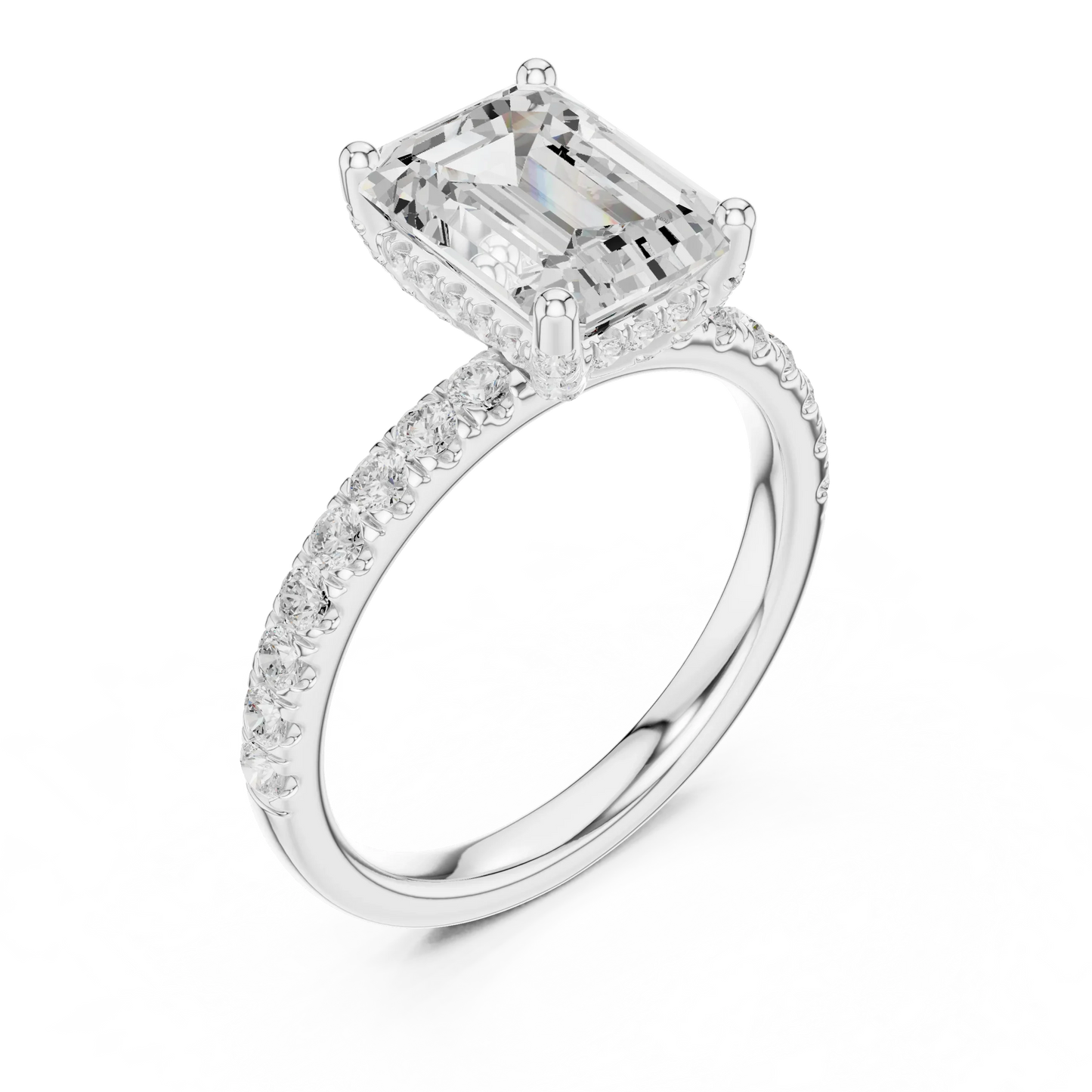 Front view of white gold emerald solitaire ring with pave diamond band and lab-grown diamond – Australia