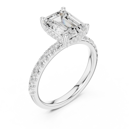 Front view of white gold emerald solitaire ring with pave diamond band and lab-grown diamond – Australia