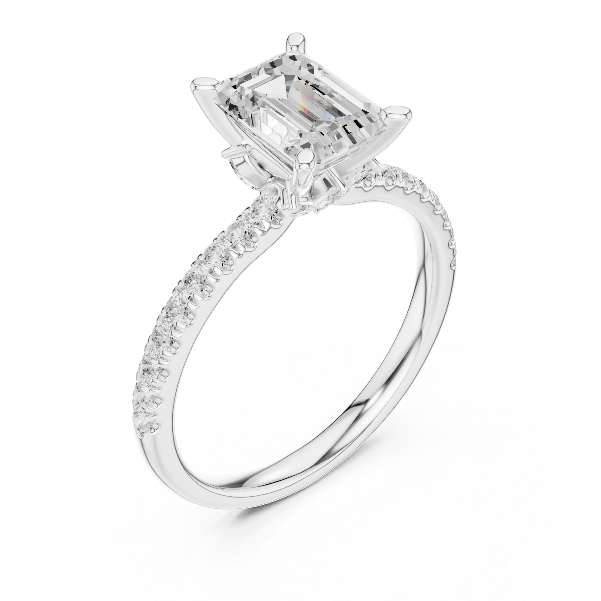 Front view of white gold emerald solitaire ring with pave diamond band and lab-grown diamond – Australia
