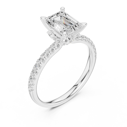 Front view of white gold emerald solitaire ring with pave diamond band and lab-grown diamond – Australia