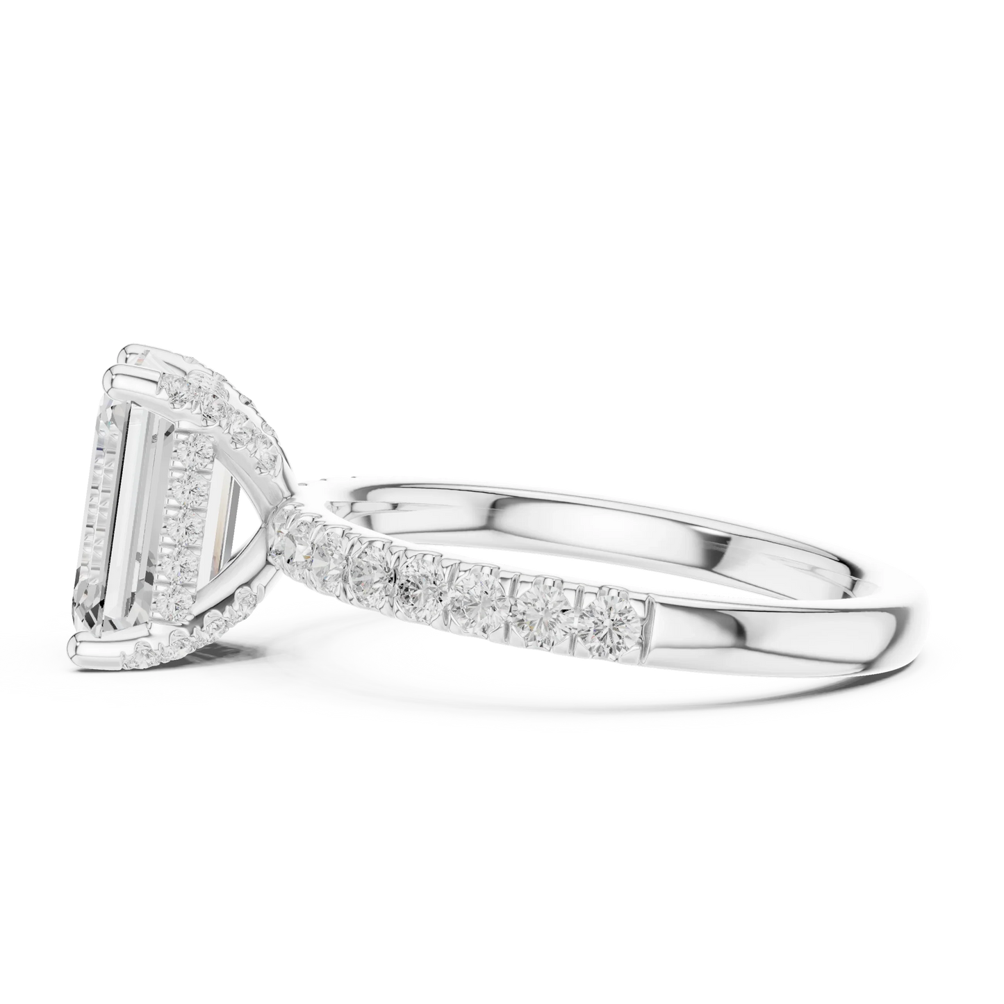 Side view of white gold emerald solitaire ring with pave diamond band and lab-grown diamond – Australia
