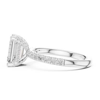Side view of white gold emerald solitaire ring with pave diamond band and lab-grown diamond – Australia