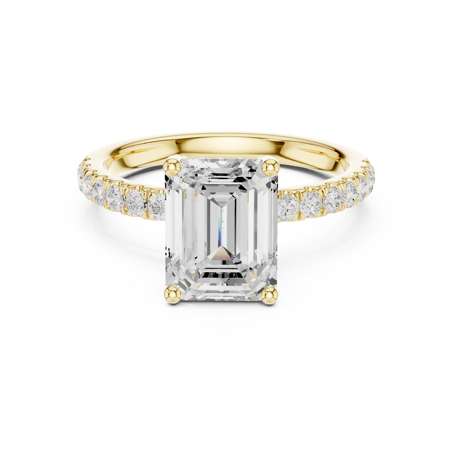 Emerald solitaire ring in yellow gold with pave diamond band and lab-grown diamond – Australia