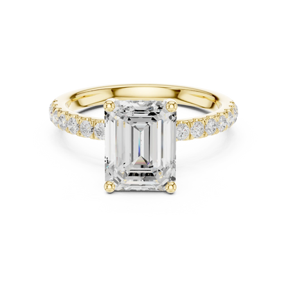 Emerald solitaire ring in yellow gold with pave diamond band and lab-grown diamond – Australia
